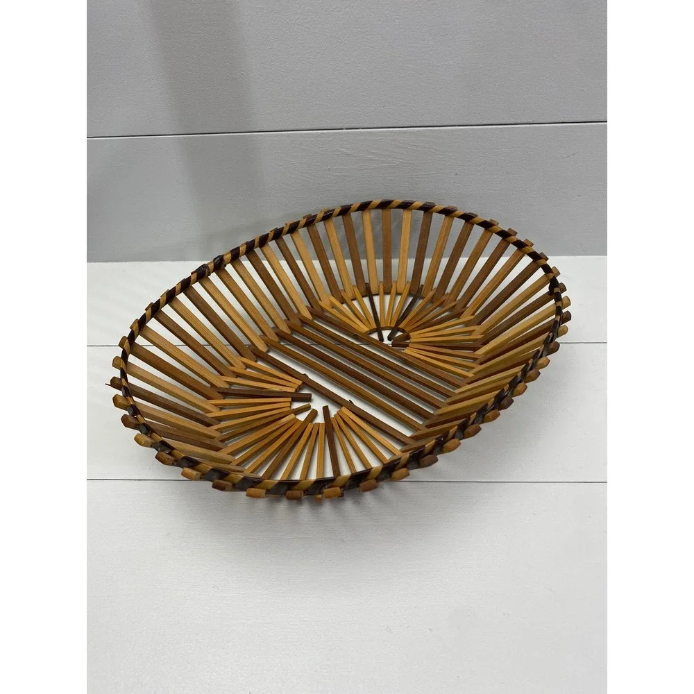 Ambee Basket Bamboo Slat Sunburst‎ Basket Vintage Boho MCM Decor